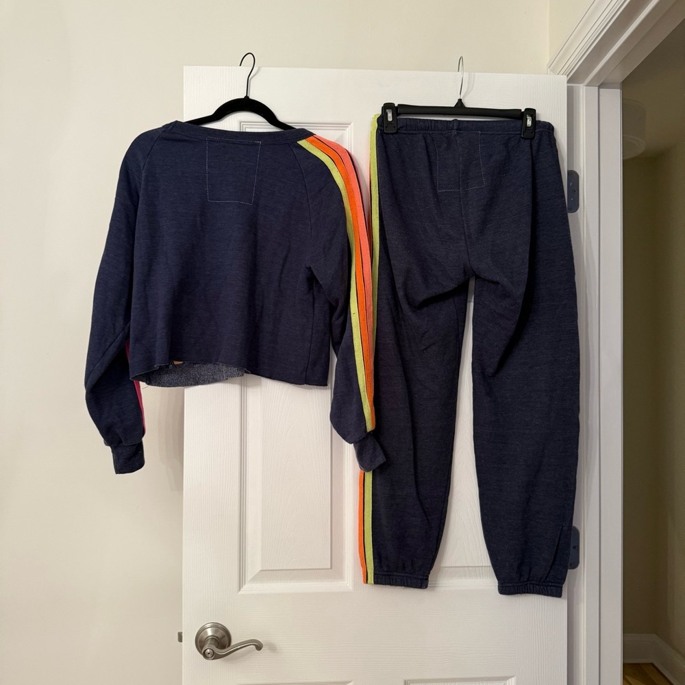 Aviator Nation Bolt Cropped Classic Crewneck & Stripe Sweatpants Set Navy - Picture 5 of 9